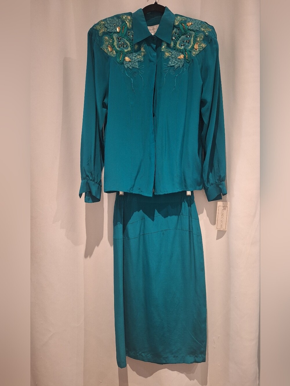 Orlando Rossi Silk Teal Western Embroidered Two-Piece Skirt Set